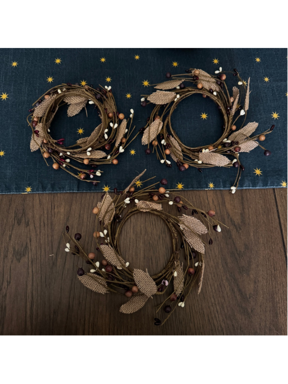 Set of 3 Mini Primitive Fall Berry & Burlap Candle Wreaths – 4”